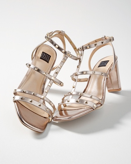 Shop White House Black Market Strappy Studded Mid-heel Sandals In Metallic