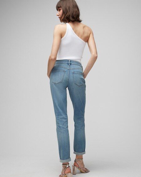 Shop White House Black Market Mid-rise Destructed Girlfriend Jeans In Medium Wash Denim