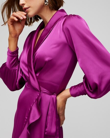 Shop White House Black Market Long Sleeve Satin Ruffle Wrap Dress In Magenta Purple