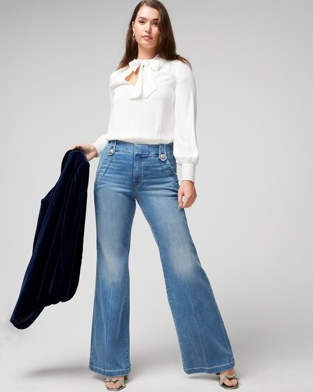 Shop White House Black Market High-rise Every Day Soft Novelty Button Wide Leg Jeans In Medium Wash Denim