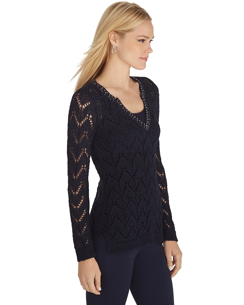 Long Sleeve Navy Embellished Sweater - White House Black Market