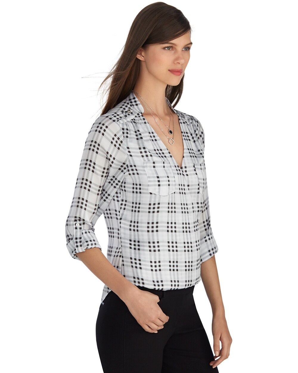Roll Sleeve Plaid Surplice Blouse - Shop Women's Tops - Blouses, Shirts ...