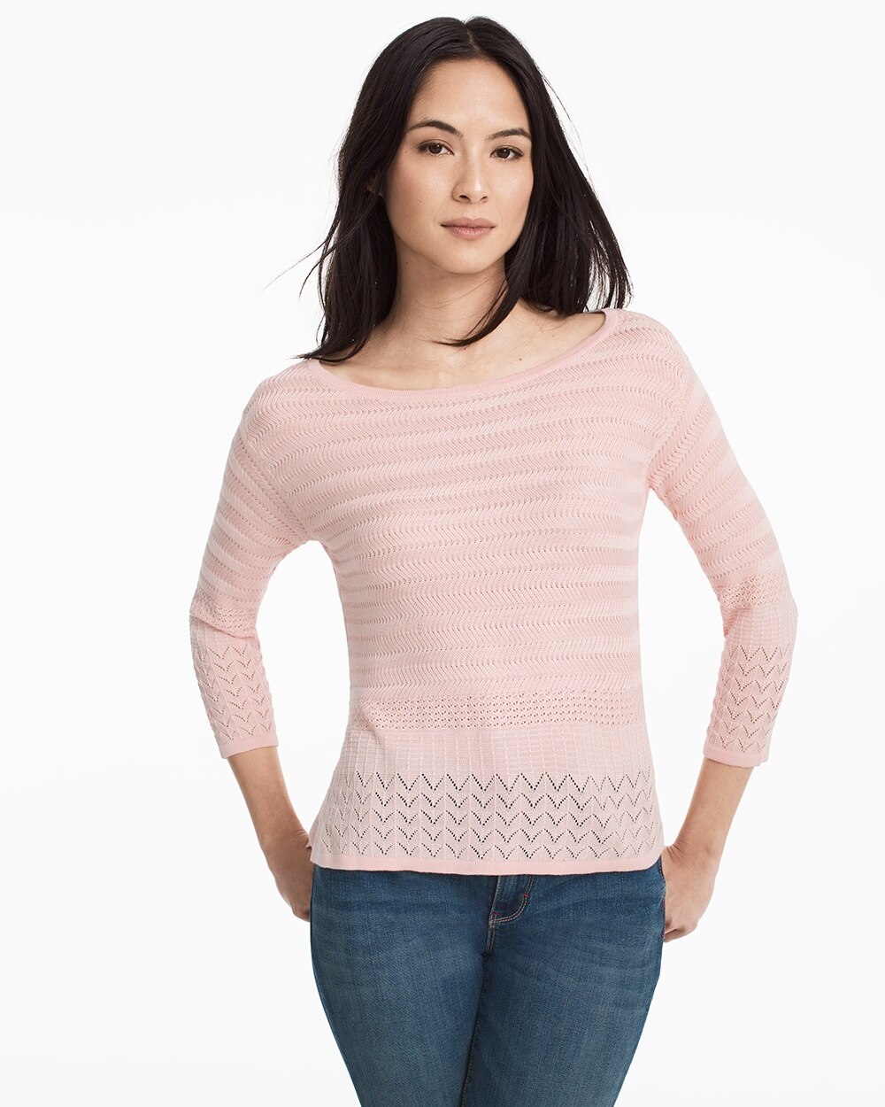 Three-Quarter Sleeve Mix-Stitch Boxy Pullover Sweater - White House ...