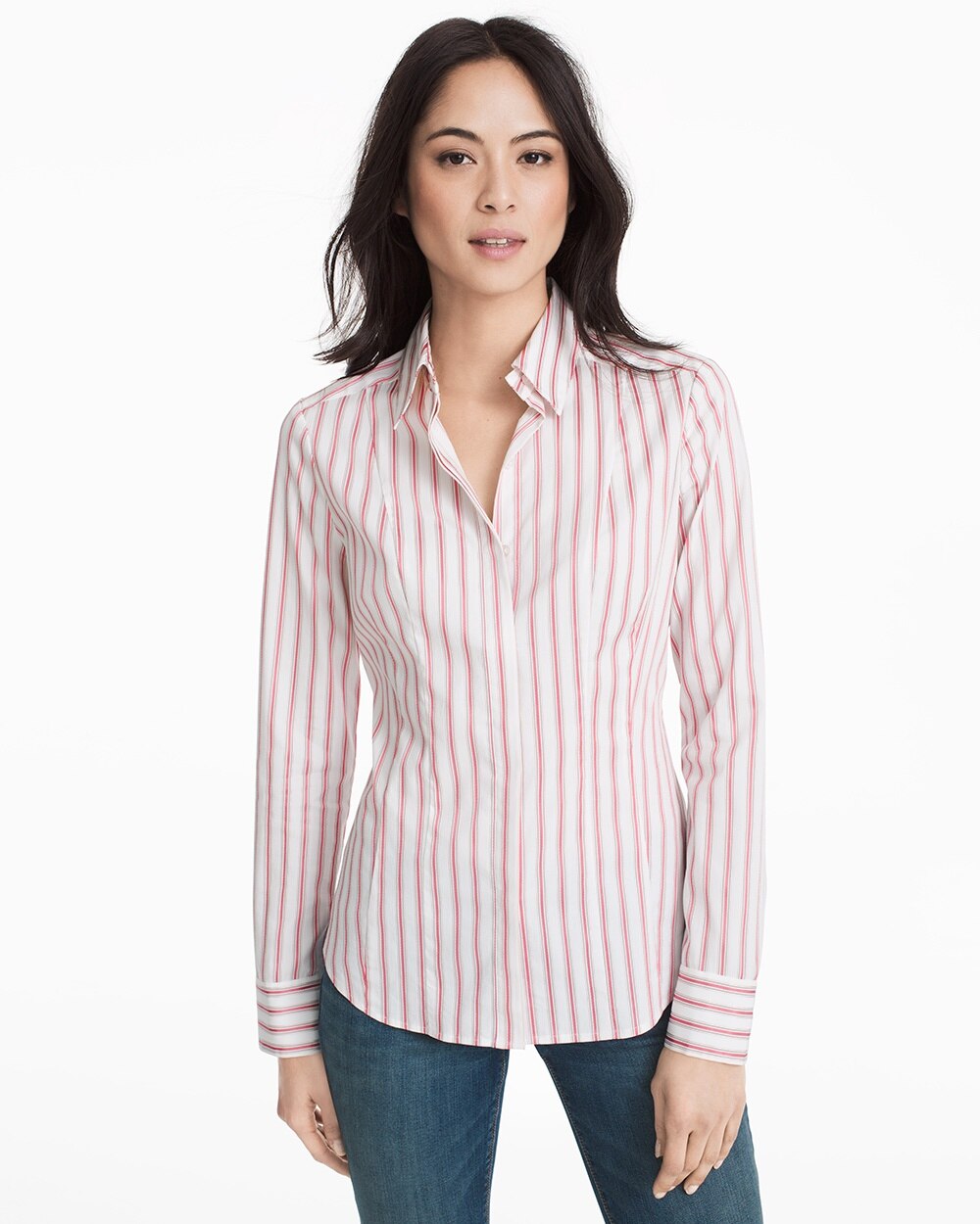 Button-Front Pink Stripe Poplin Shirt - White House Black Market
