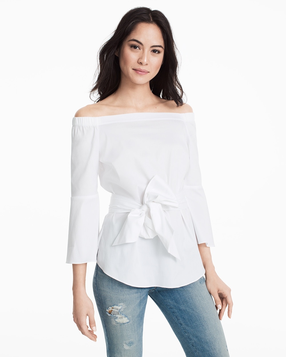 White Off-the-Shoulder Bell-Sleeve Poplin Top - WHBM