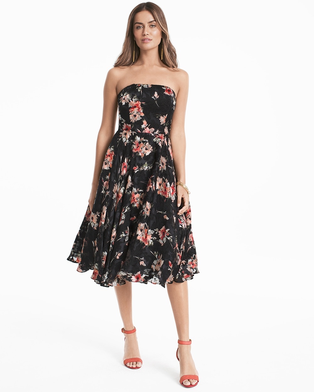 strapless fit and flare midi dress