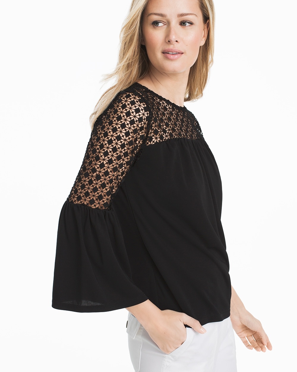 3/4 Bell Sleeve Blouse with Lace - White House Black Market