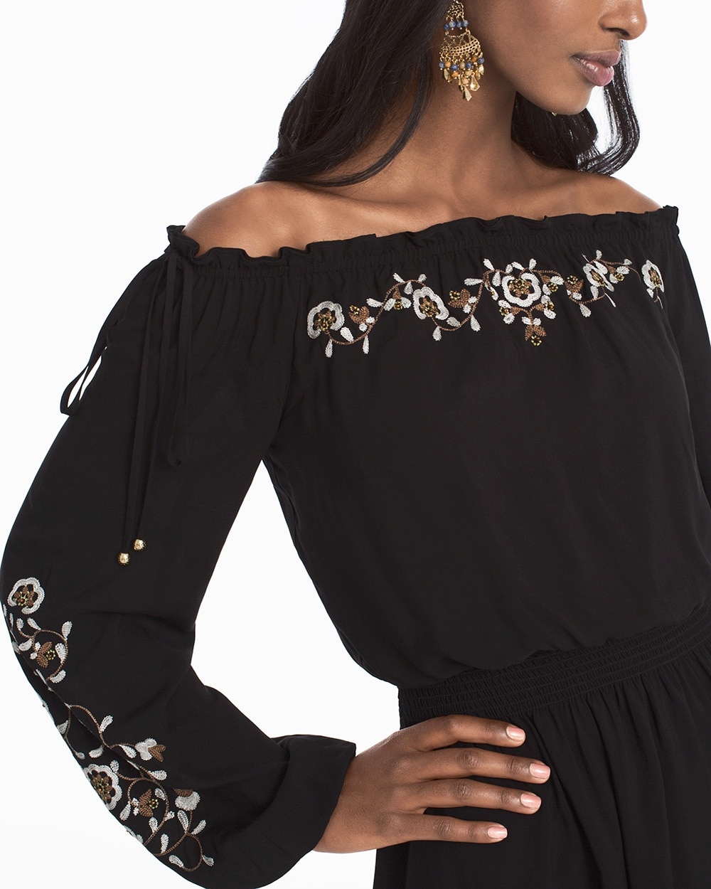 Off-the-Shoulder Embroidered Black Blouson Dress - White House Black Market