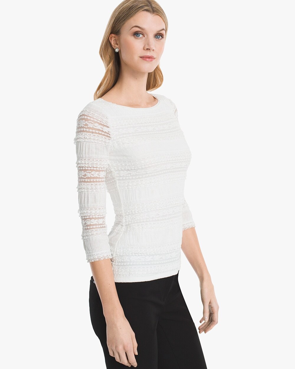 3/4 Sleeve Ruffle-Lace Knit Top - WHBM