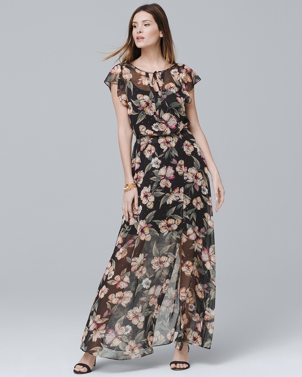 Flutter-Sleeve Floral-Print Woven Maxi Dress - White House Black Market