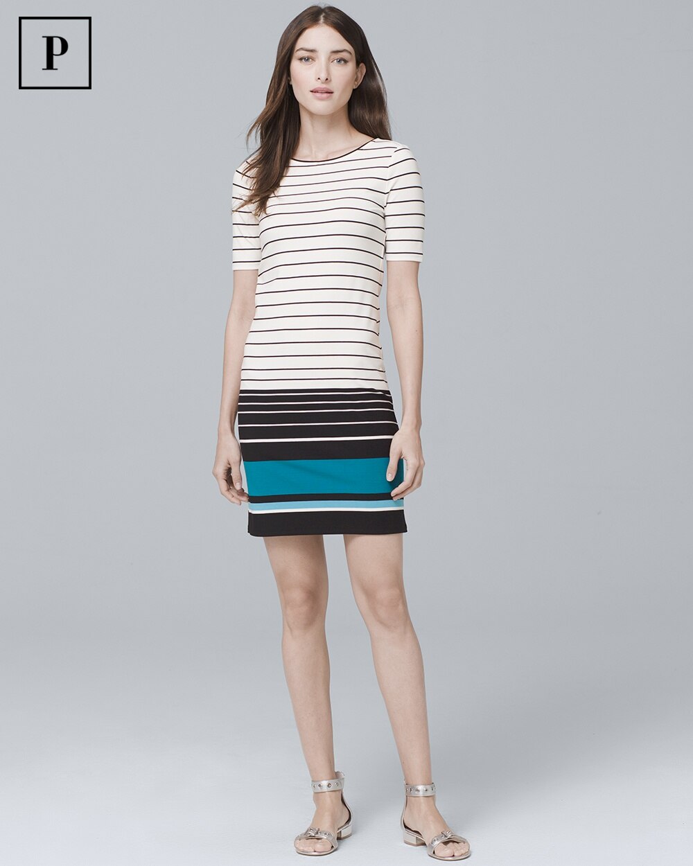 Petite Short-Sleeve Stripe Knit Shift Dress - White House Black Market