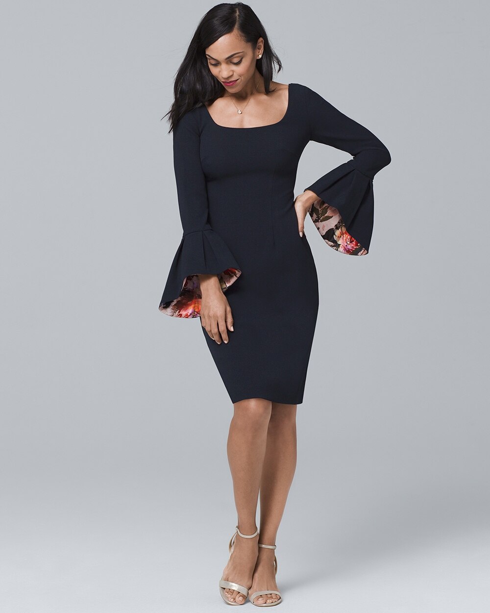 black sheath dress with bell sleeves