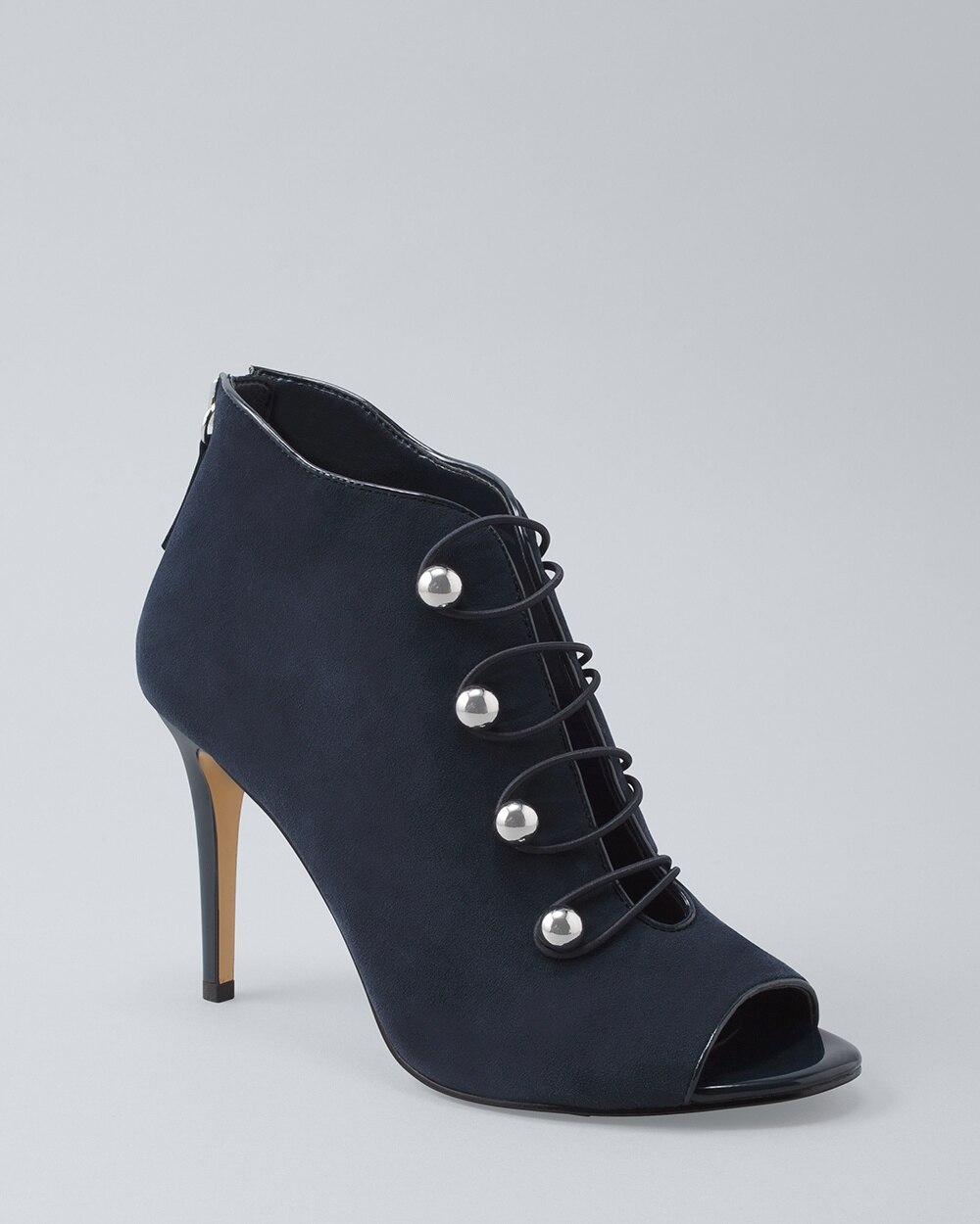 Button-Front Suede Peep-Toe Booties 