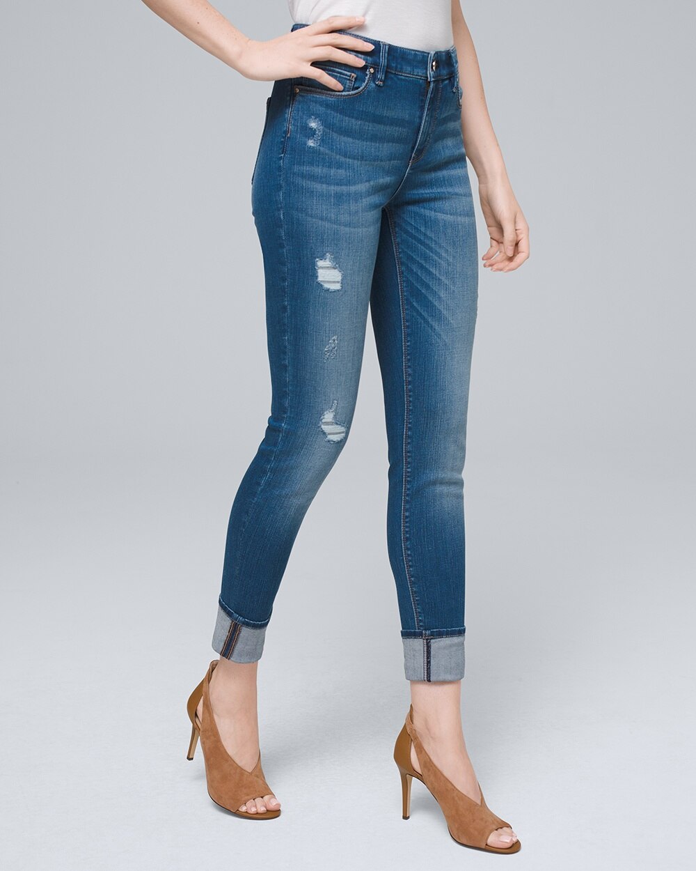 Mid-Rise Destructed Skinny Ankle Jeans