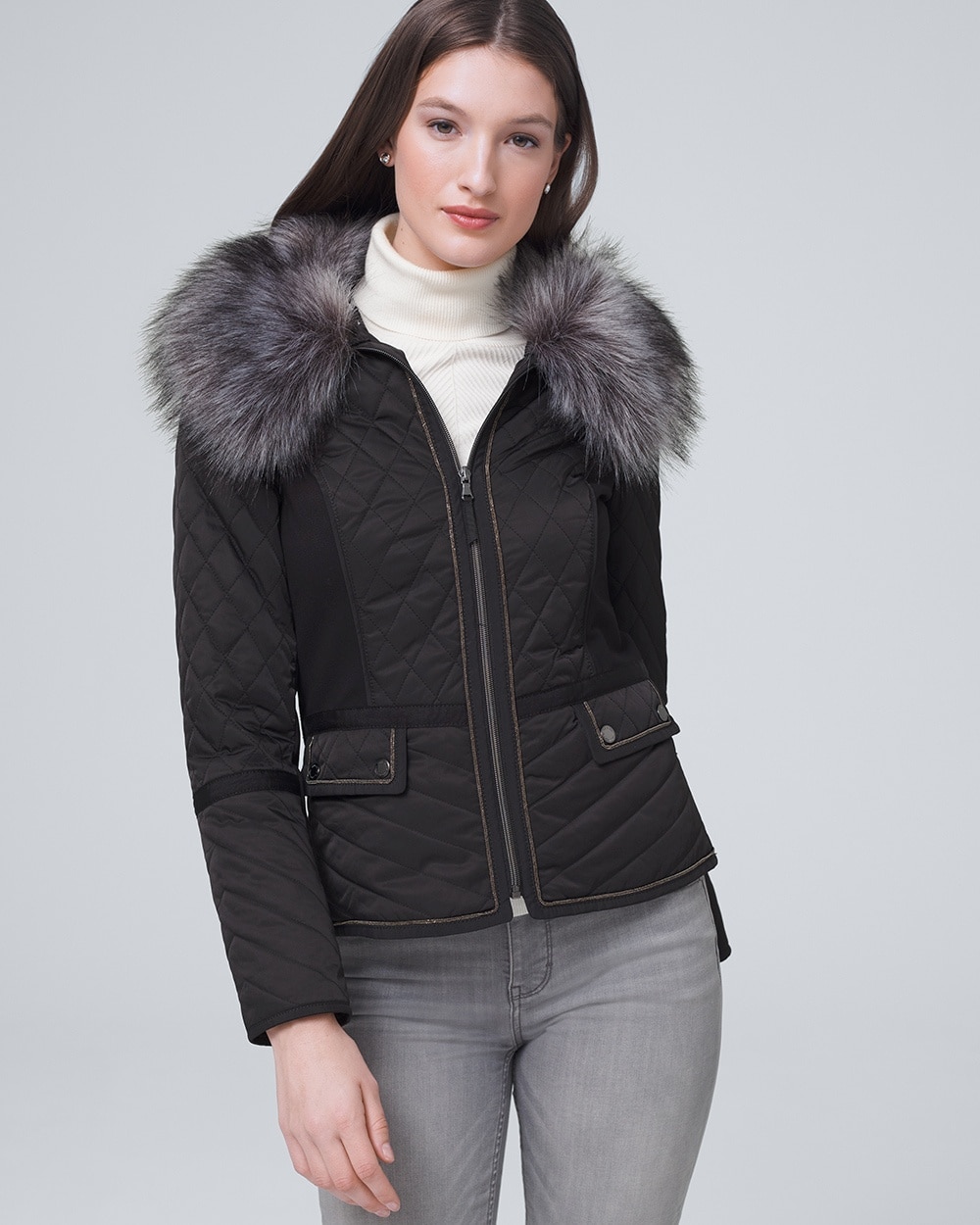 Women's Removable Faux Fur Collar Zip Up Puffer Jacket