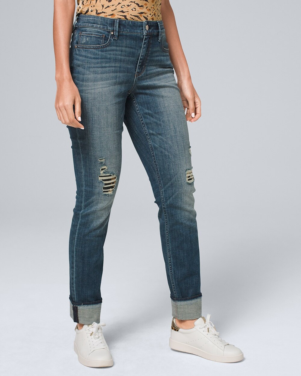 Curvy-Fit Mid-Rise Jacquard Destructed Jeans - White House Black Market