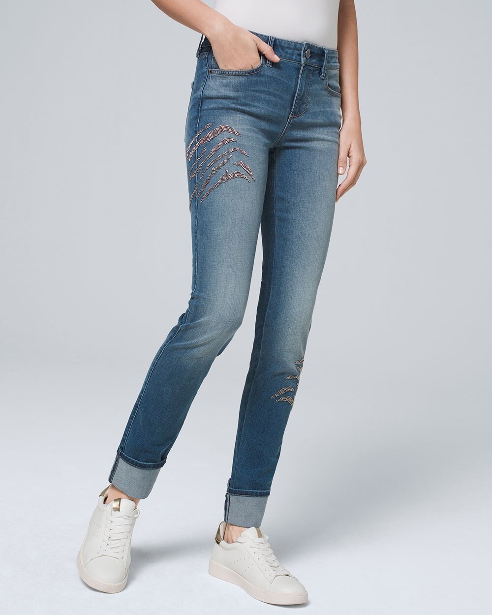 Mid-Rise Beaded Slim Ankle Jeans