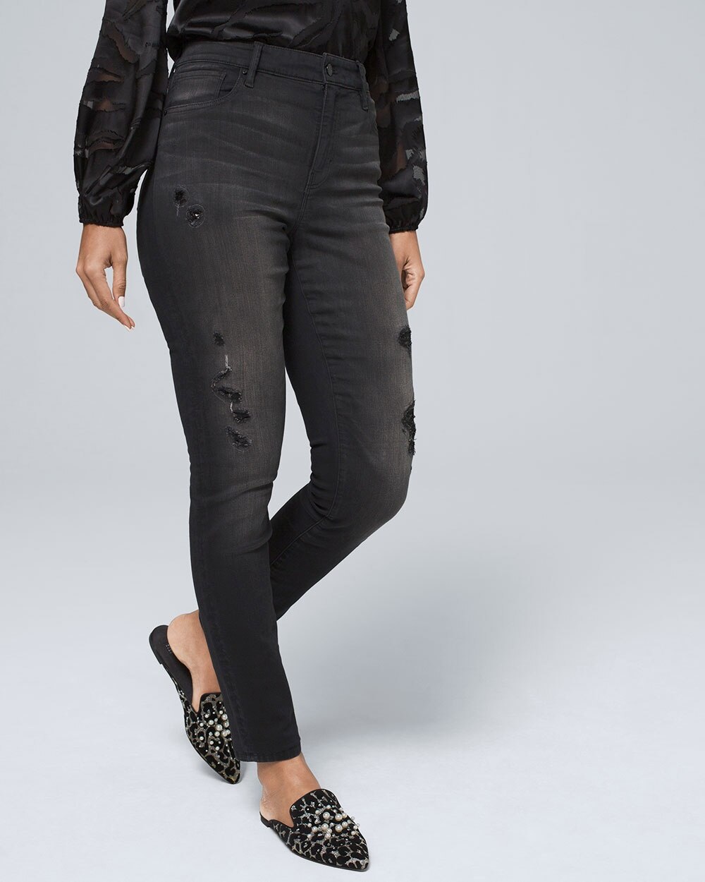 Curvy-Fit High-Rise Sequin Destructed Skinny Jeans