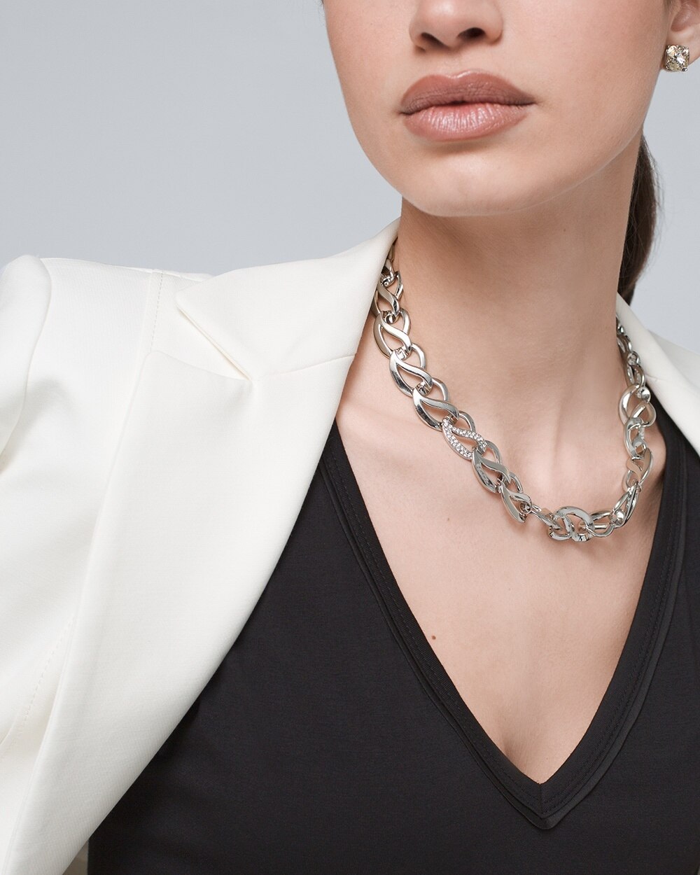 Silvertone Pave Chain-Link Short Necklace - White House Black Market