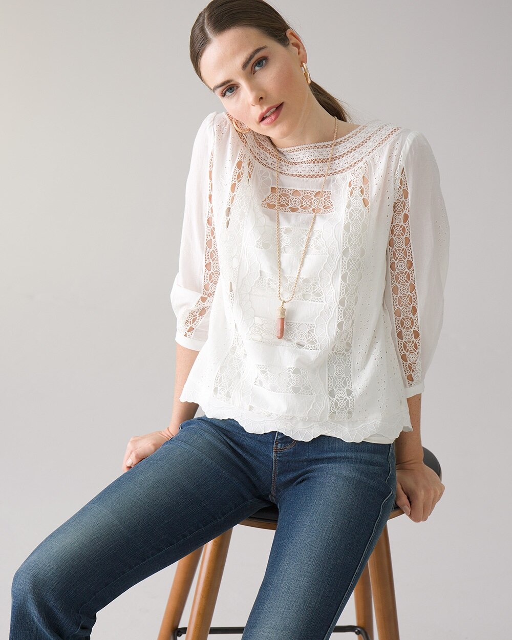 Three-Quarter Sleeve All-Over Lace Inset Blouse