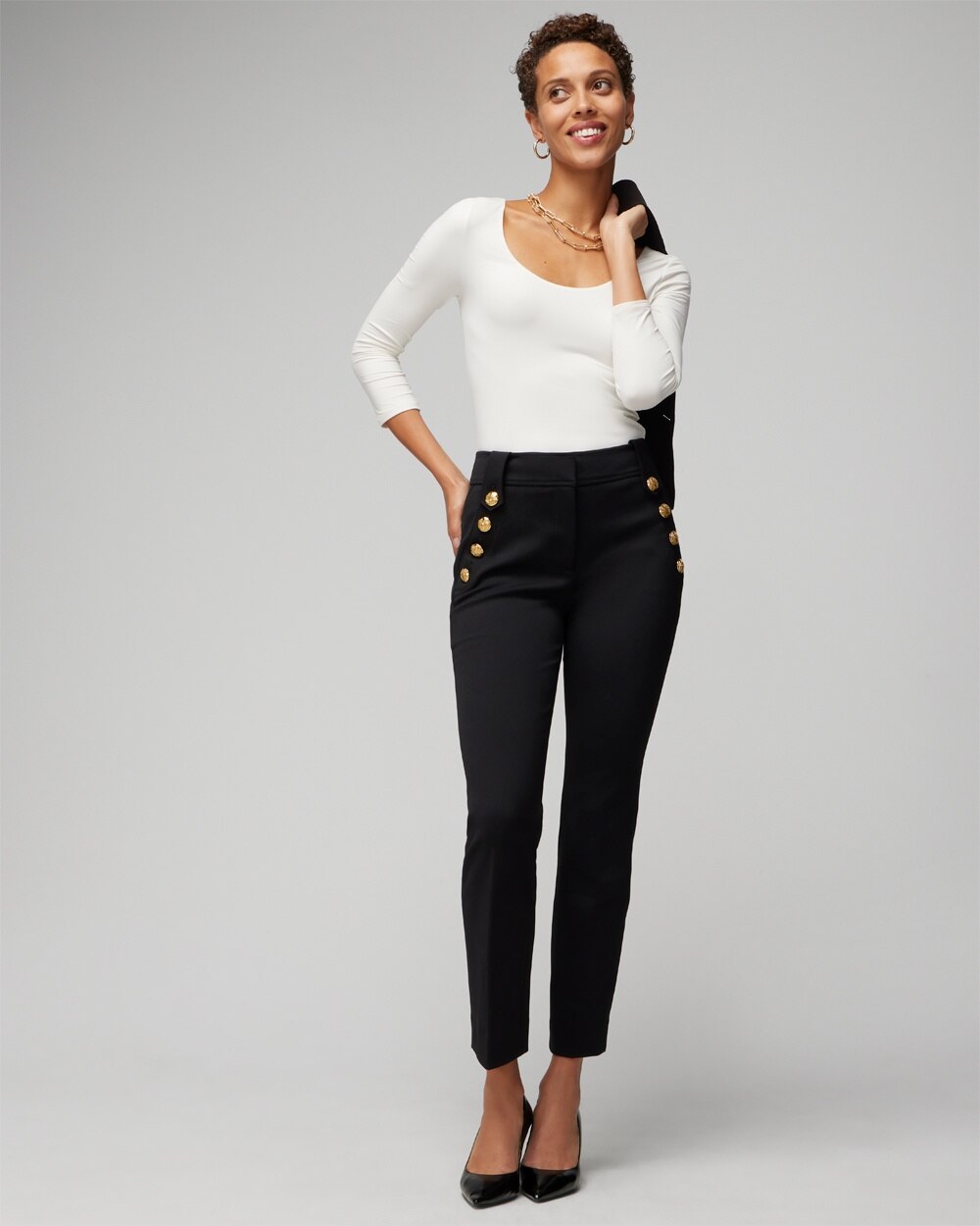 WHBM\u00AE Jolie Button Straight Luxe Stretch Pant video preview image, click to start video
