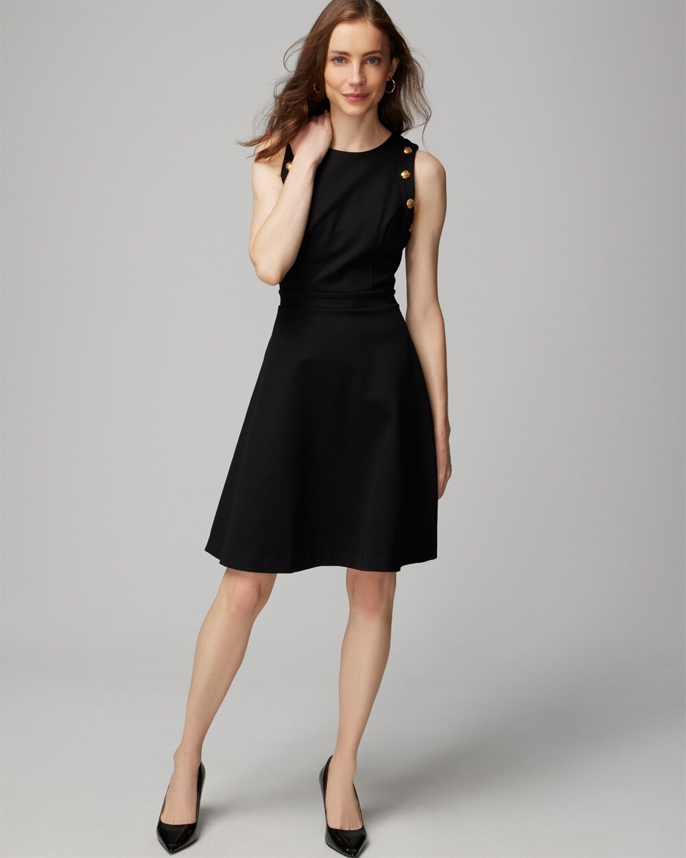 Luxe Stretch Button Detail Fit & Flare Dress video preview image, click to start video