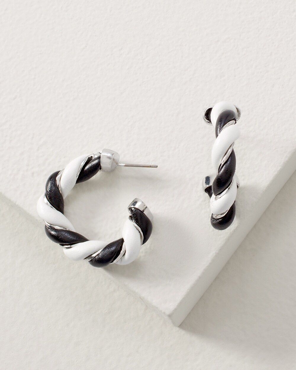 White & Black Vegan Leather Twisted Hoops