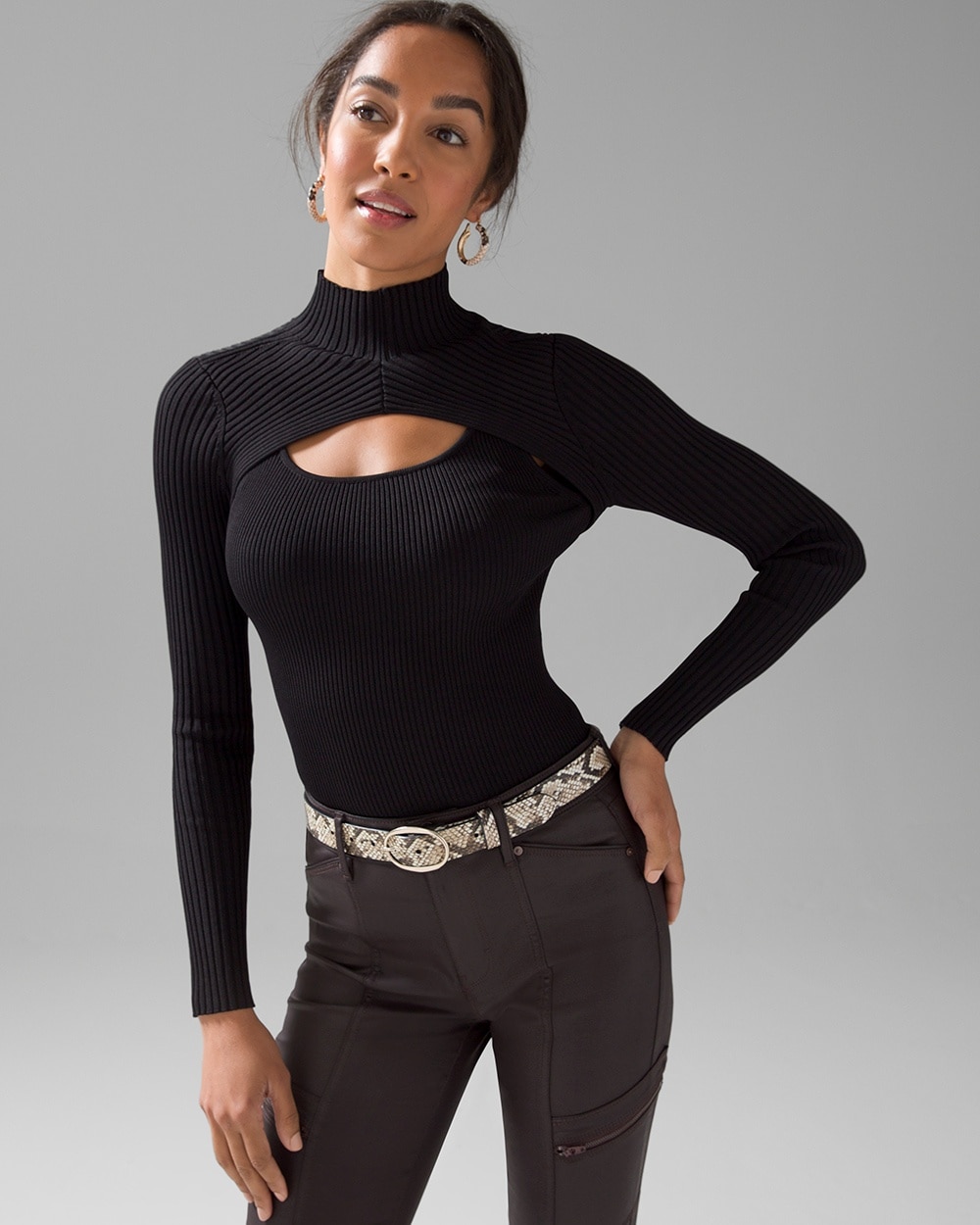Long Sleeve Cutout Turtleneck Sweater video preview image, click to start video