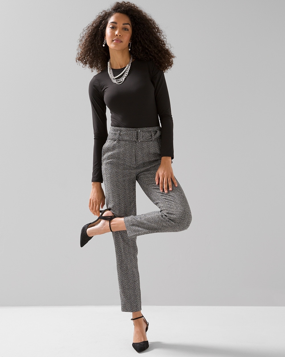 Herringbone Belted Tapered Ankle Pant