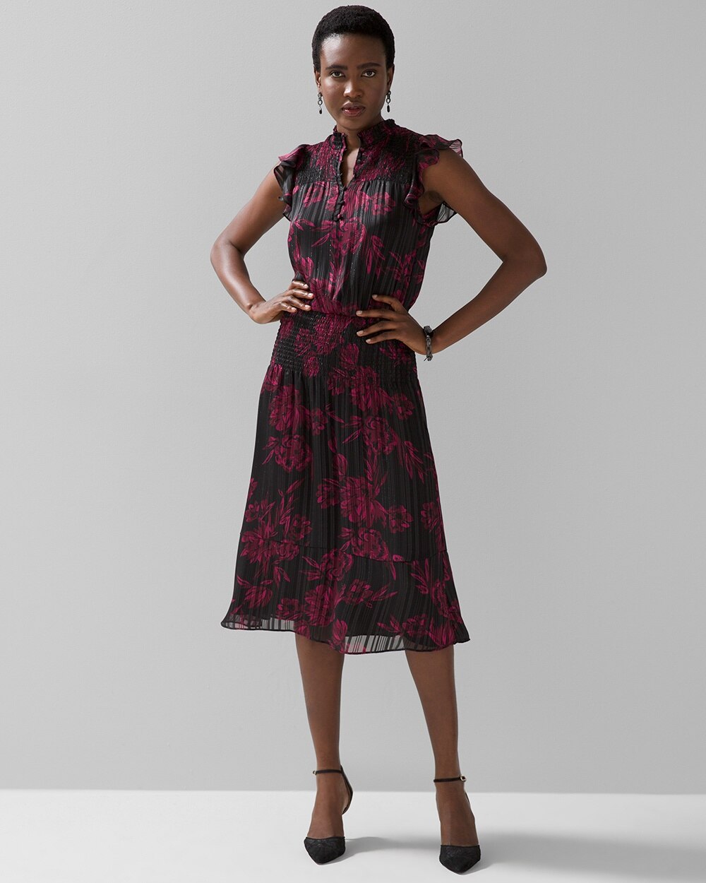 Smocked Waist Ruffle Midi Dress video preview image, click to start video