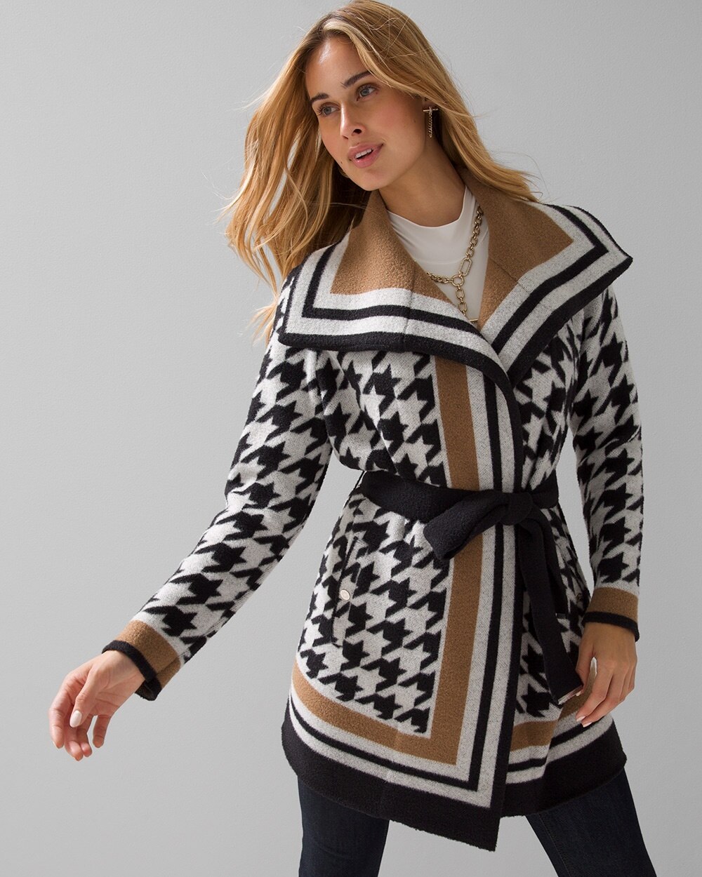 Houndstooth Stripe Sweater Coat