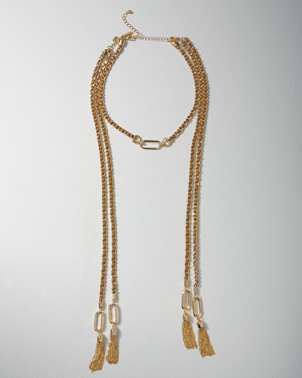 Goldtone + Leather Lariat Necklace