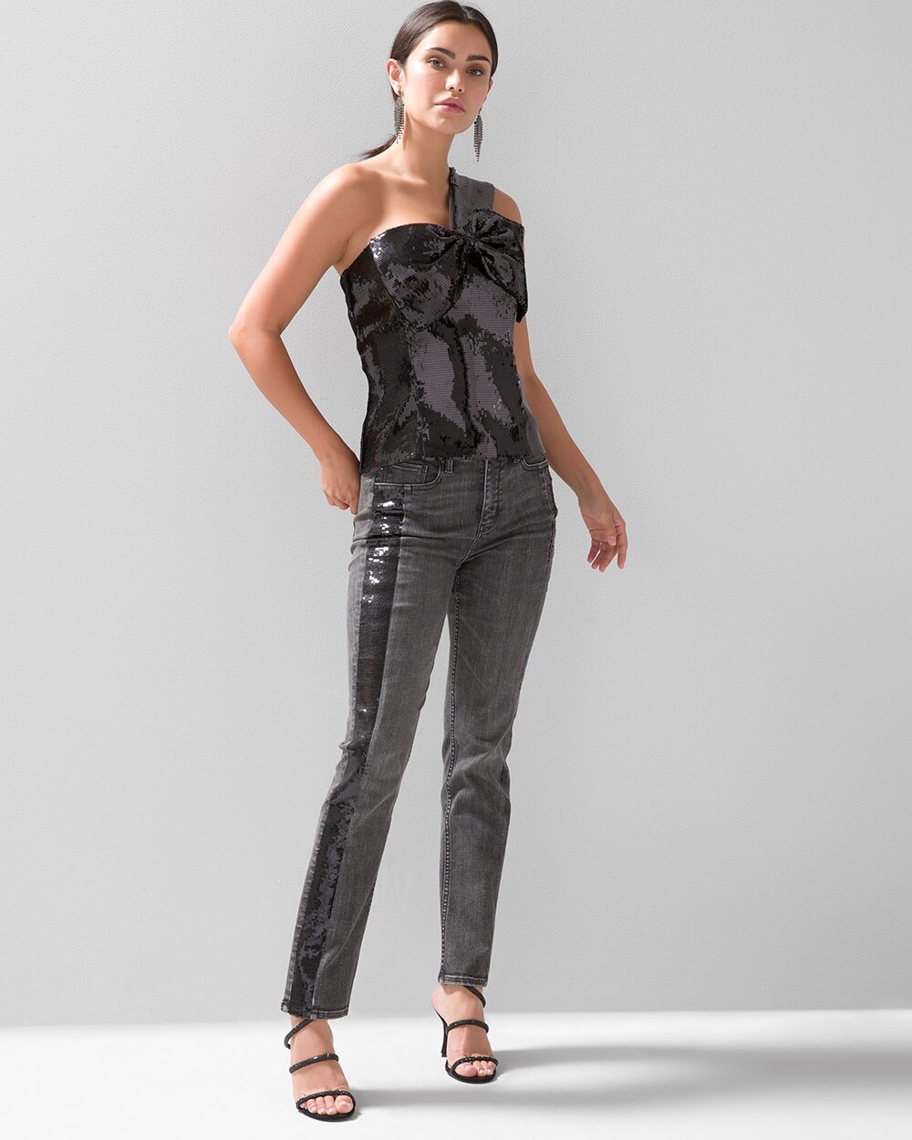 High-Rise Sequined Tuxedo Stripe Straight Jeans