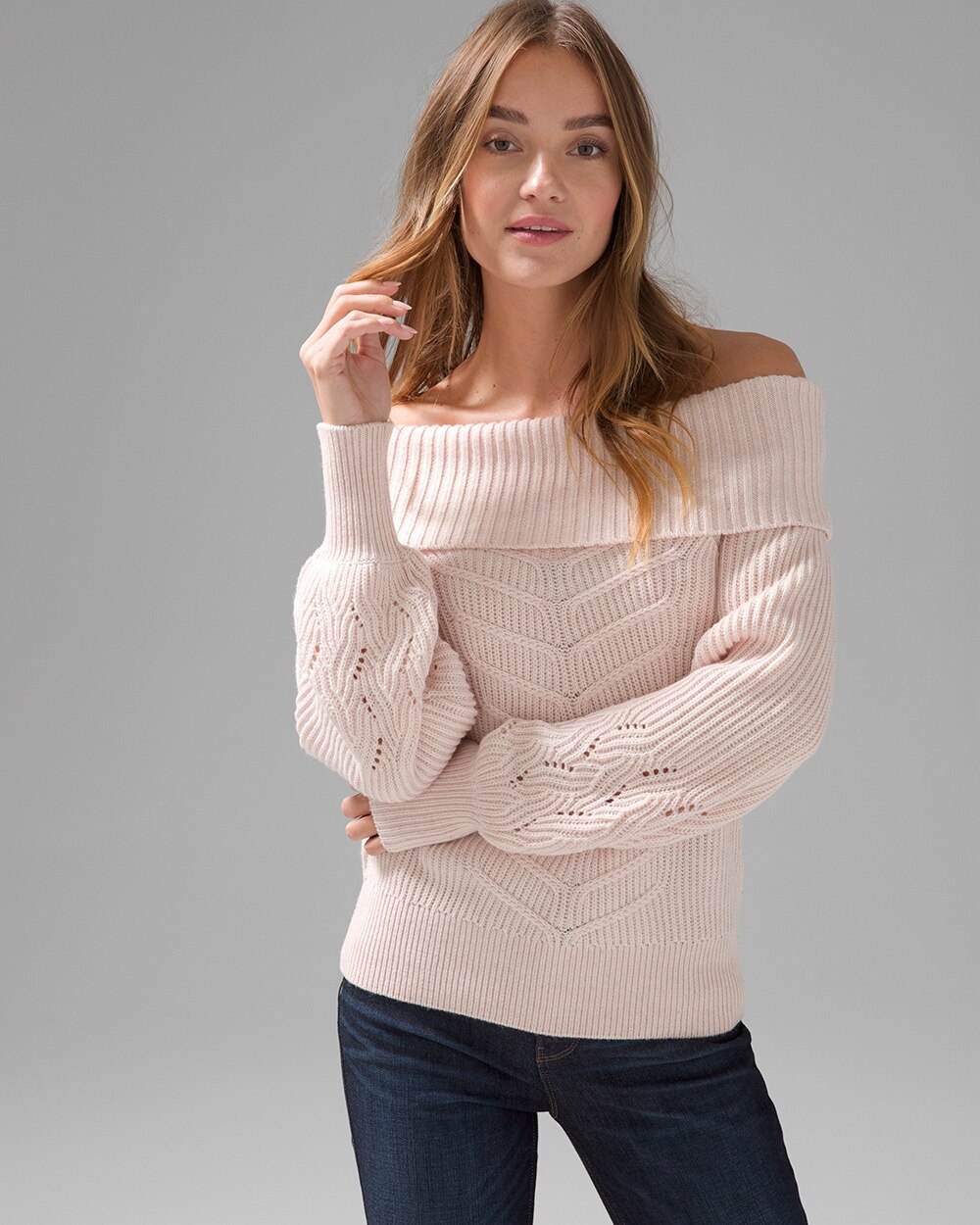 Off-the-Shoulder Cable Knit Sweater - White House Black Market