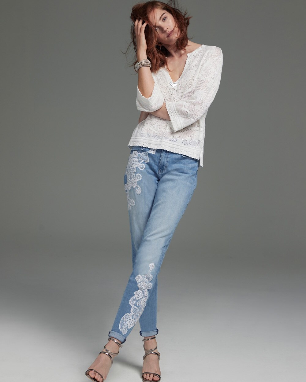 Mid-Rise Everyday Soft Denim\u2122 Lace Girlfriend Jeans video preview image, click to start video