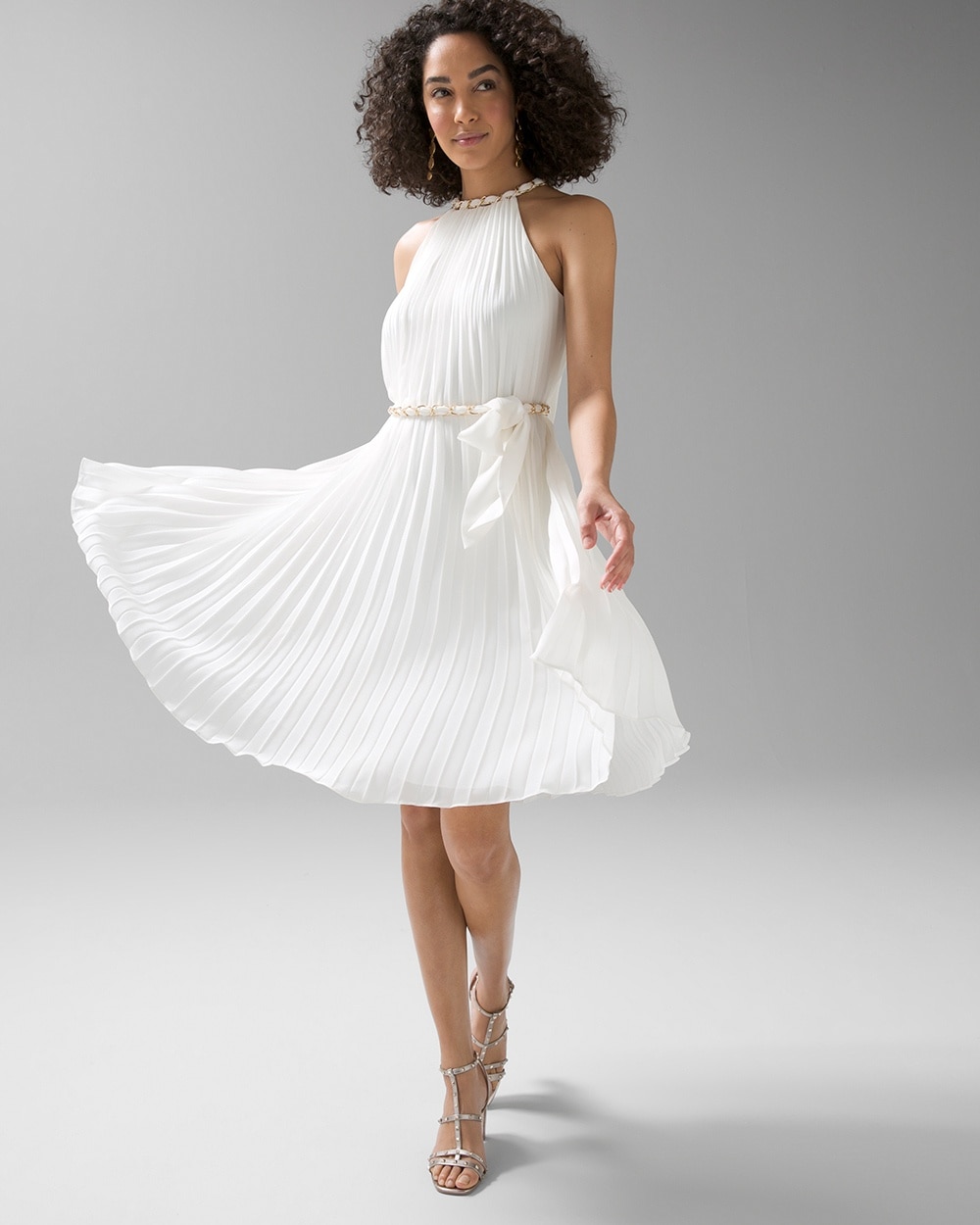 Petite Sleeveless Pleated Halter Dress with Chain Detail
