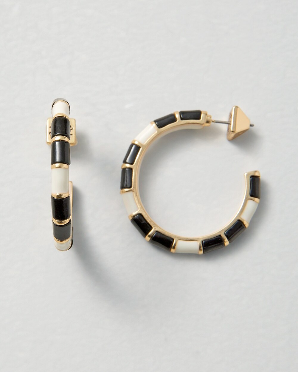 Goldtone, Black & Ecru Hoop Earrings