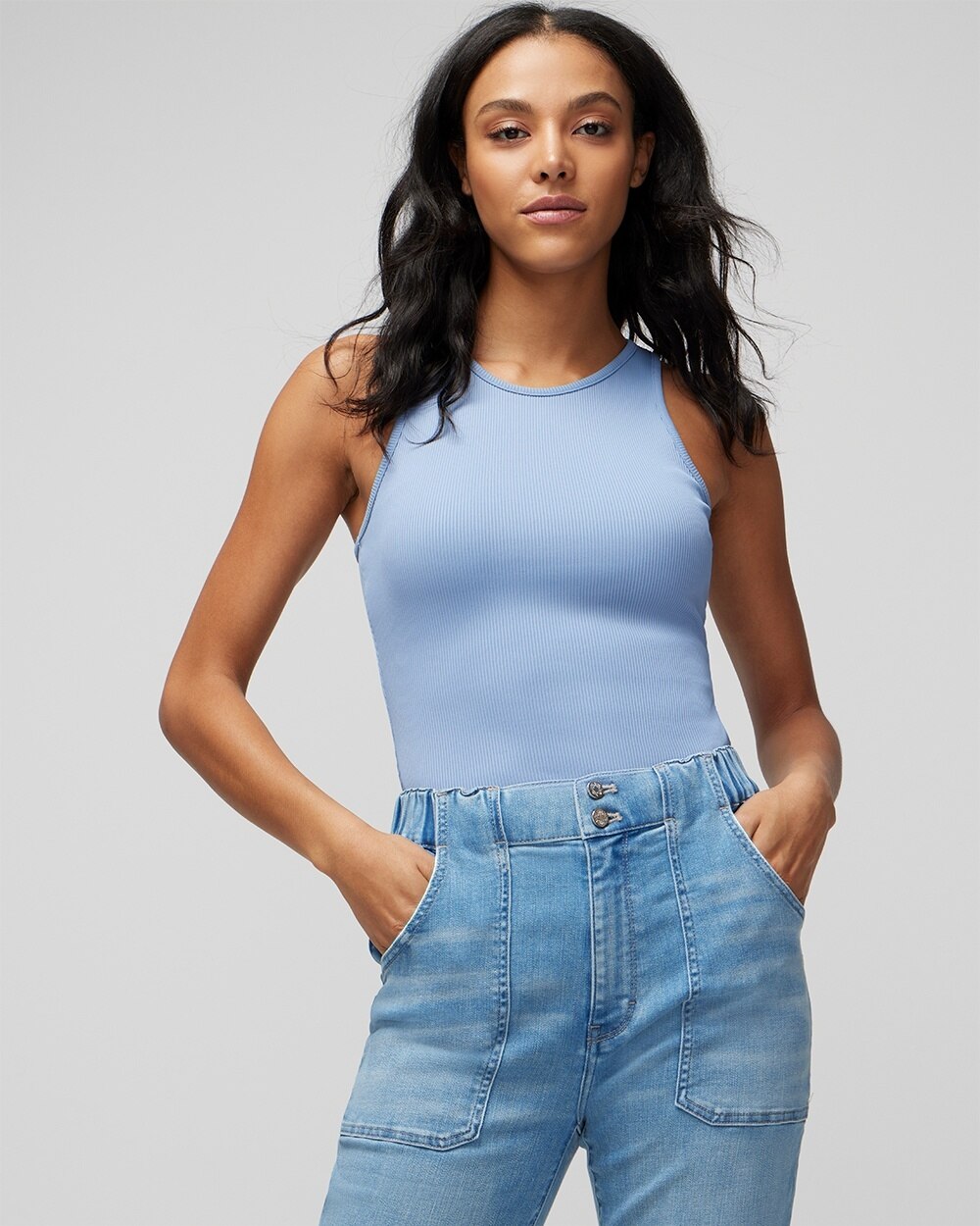 WHITE HOUSE BLACK MARKET RIBBED TANK TOP IN LIGHT BLUE SIZE XS | WHITE HOUSE BLACK MARKET