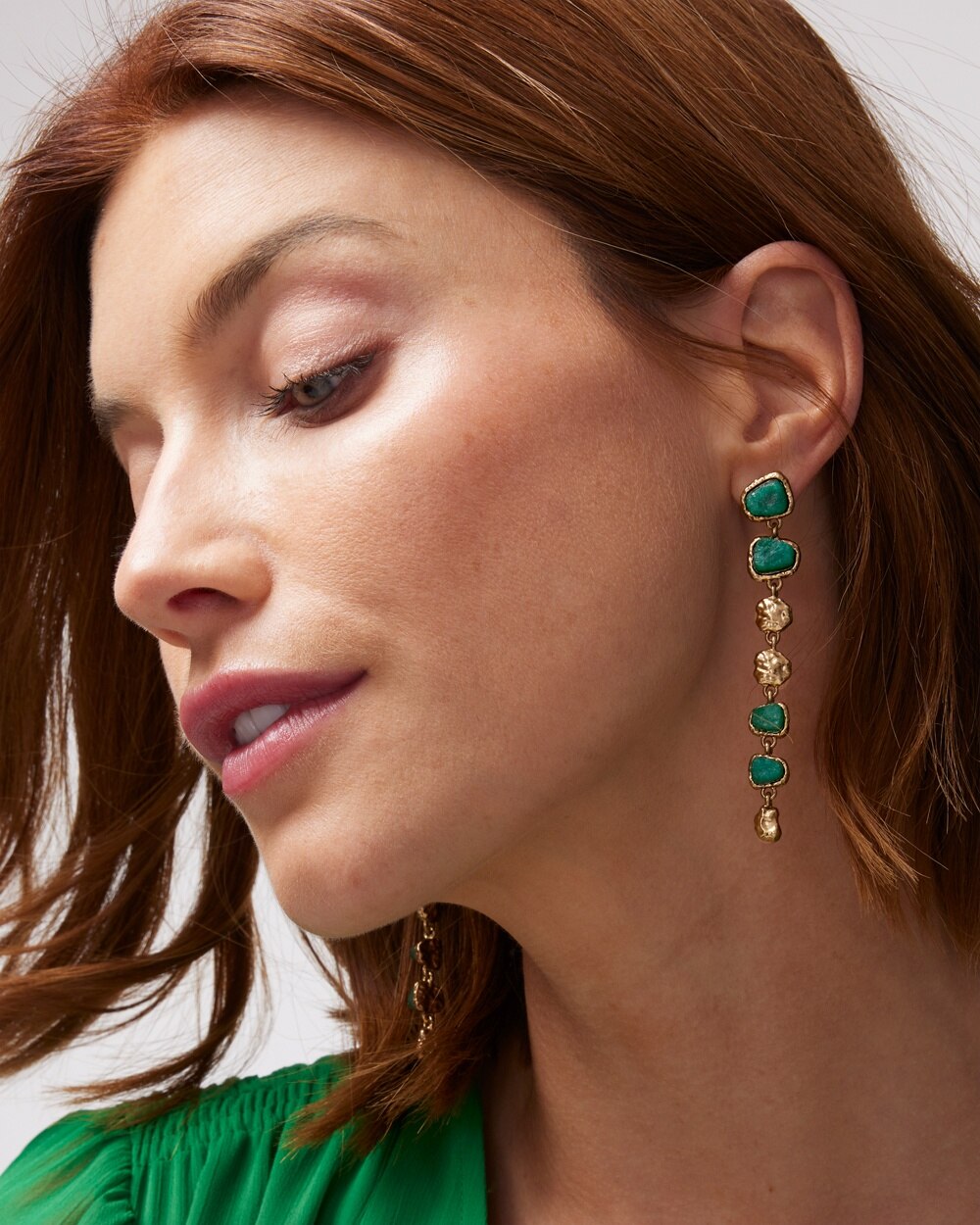Goldtone + Green Stone Linear Earrings