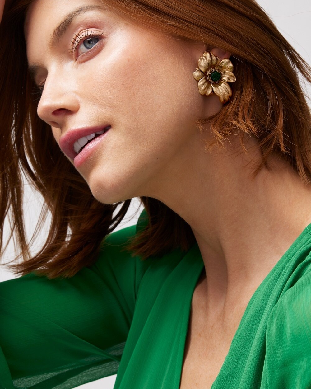 Gold Green Floral Post Earrings