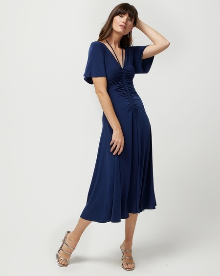 Petite Short-Sleeve Ruched Front Midi Dress