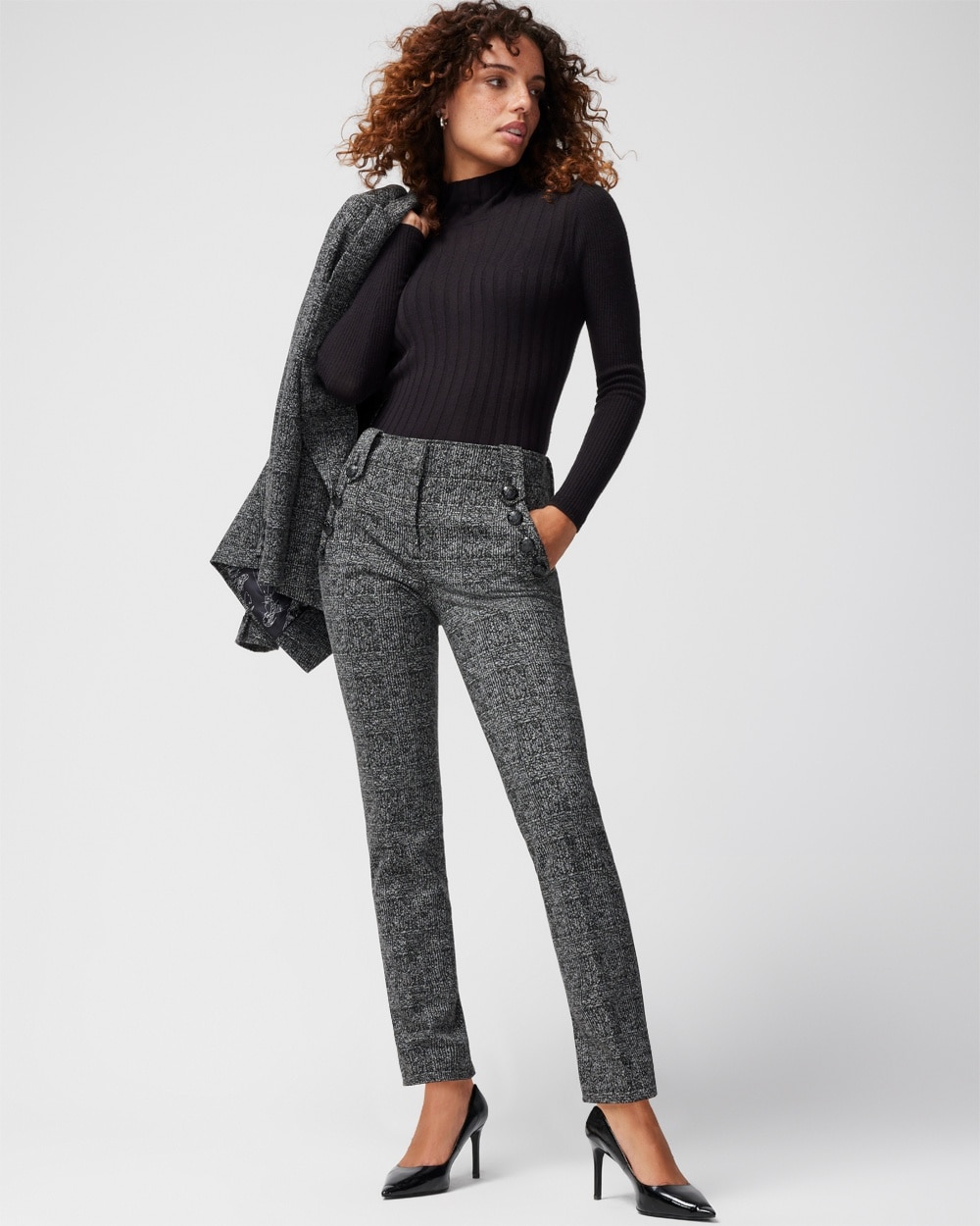 Women's Jolie Glenn Plaid Button Straight Pants in Black/Gray Plaid Size 8 | White House Black Market, Business Casual Work Clothes