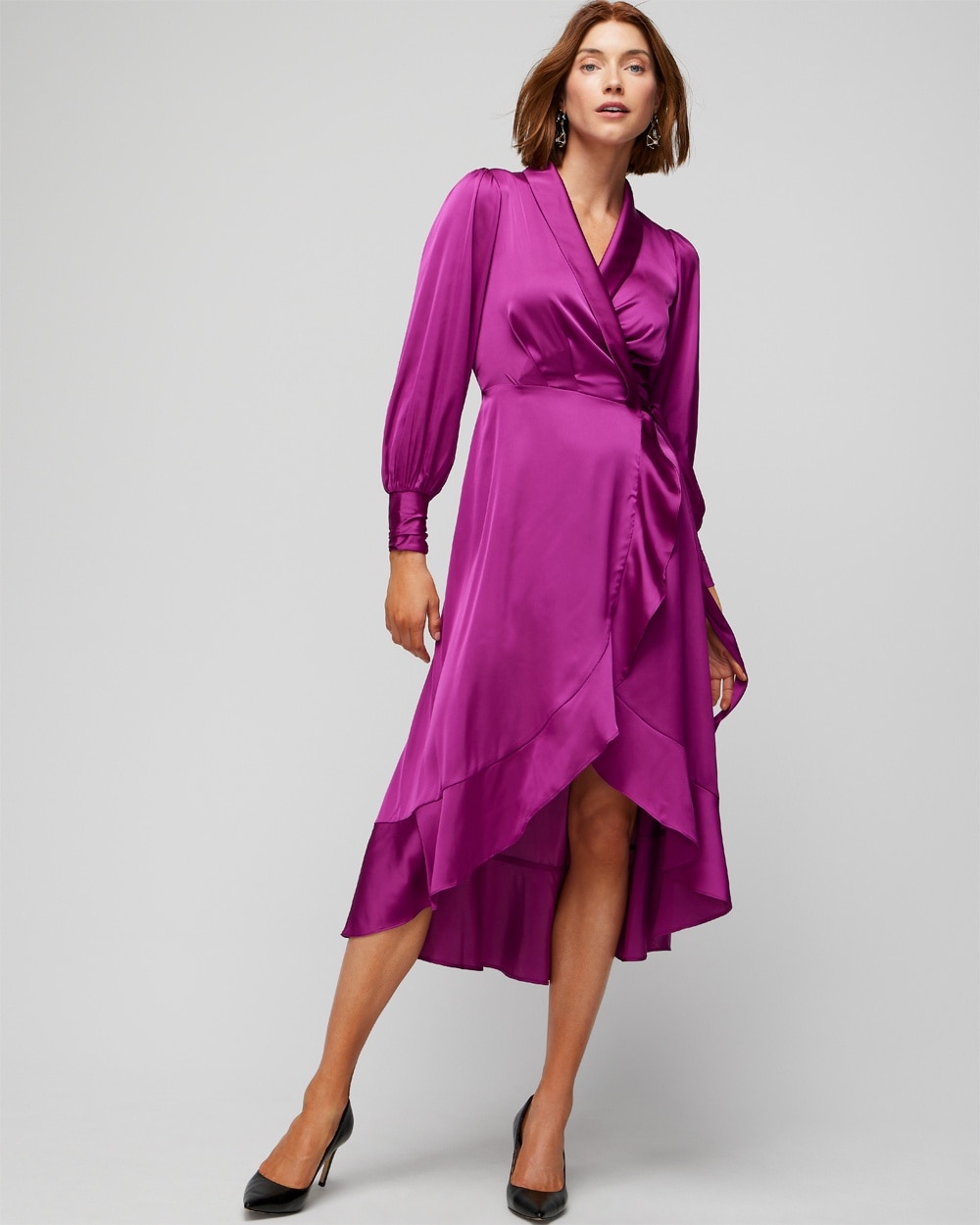 White House Black Market Long Sleeve Satin Ruffle Wrap Dress In Magenta Purple