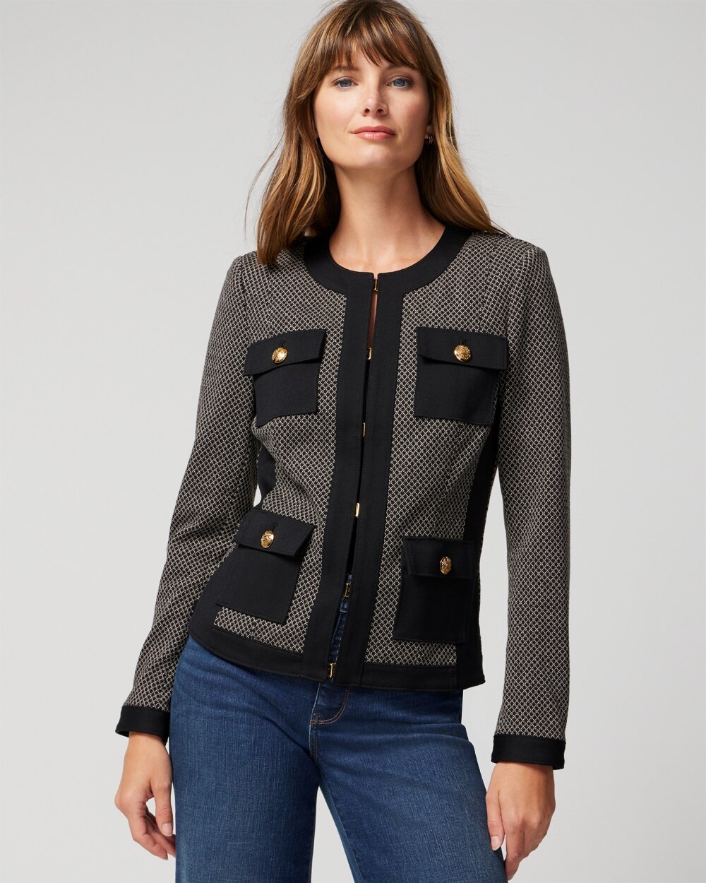 White House Black Market Petite Jacquard Knit Stylist Jacket In Black W/ecru Geo