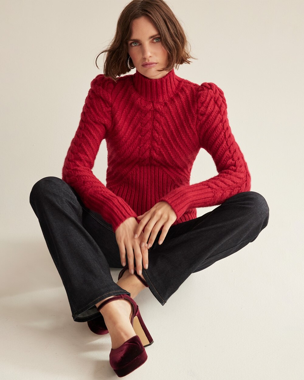 White House Black Market Puff Sleeve Cable Mockneck Sweater In Red