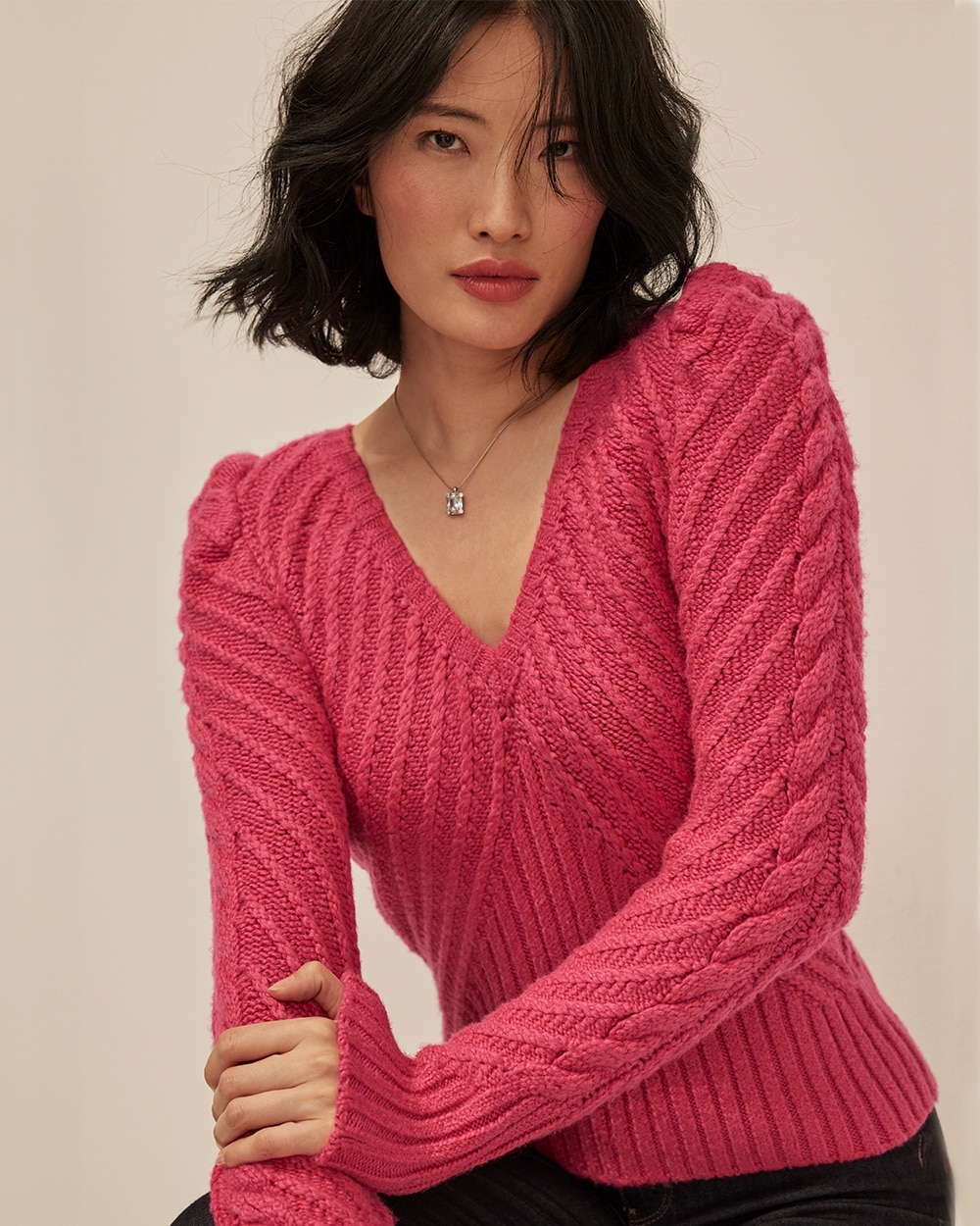 White House Black Market V-neck Puff Sleeve Cable Pullover Sweater In Hot Pink