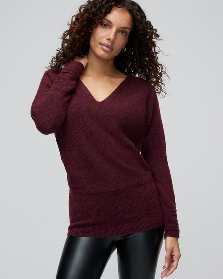 V-Neck Shirred Sleeve Tunic Pullover Sweater - White House Black