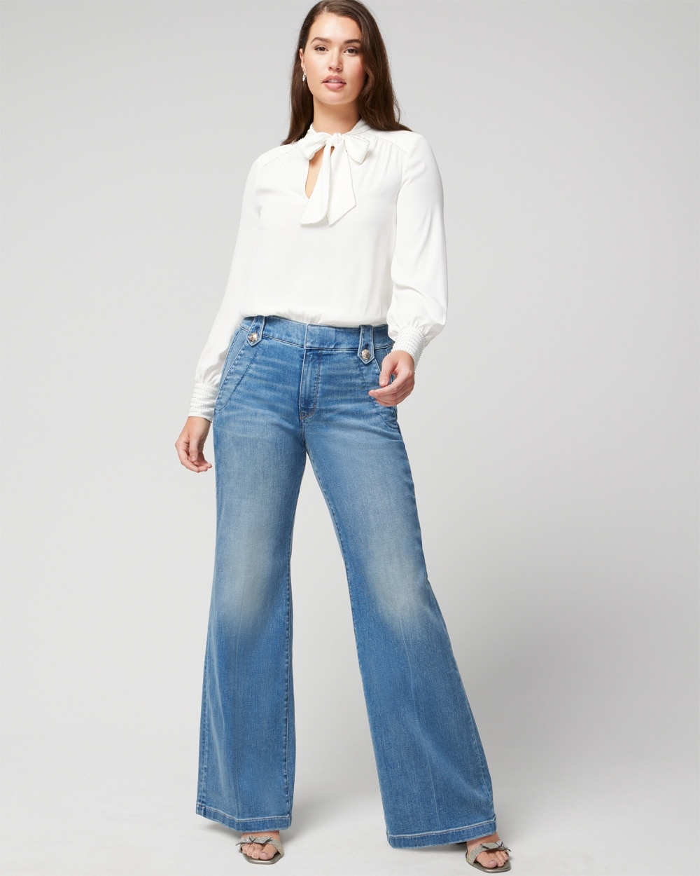 White House Black Market High-rise Every Day Soft Novelty Button Wide-leg Pants In Medium Wash Denim