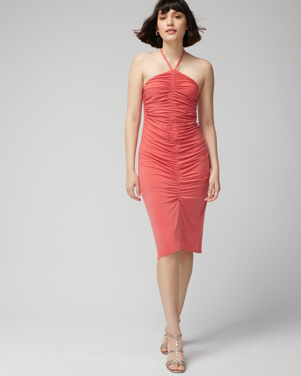 White House Black Market Sleeveless Ruched Halter Matte Jersey Midi Dress In Coral Kiss