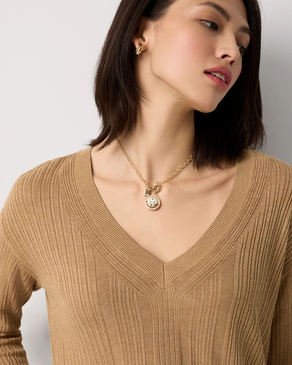 Ribbed Long Sleeve V-neck Sweater click to view larger image.